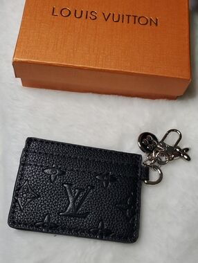 Black Embossed Monogram Card Holder with Silver Keychain